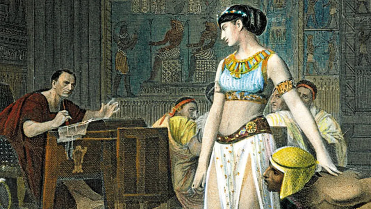 Ez a kép Kleopátra és Julius Caesar találkozását ábrázolja, amely egy jelentős történelmi pillanat volt. 